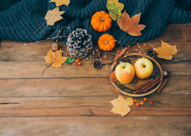 istock Autumn composition. Fresh Apples over wooden background. Copy space 873654158