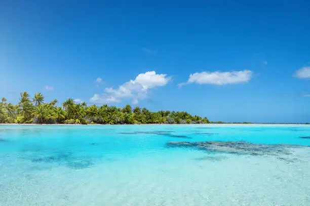 Teahatea, the beautiful, untouched natural blue - turquoise - green lagoon and natural beach in the UNESCO Nature Biosphere Reserve. Fakarava Atoll Island, UNESCO Biosphere Reserve, Tuamotu Islands Archipelago, French Polynesia.