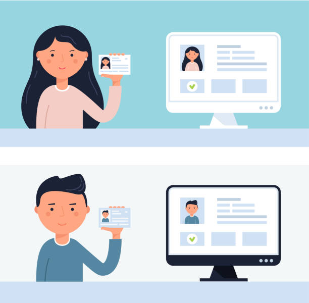 People Holding up ID Cards. Account Verification Vector Illustration People Holding up ID Cards. Account Verification Flat Vector Illustration identity stock illustrations