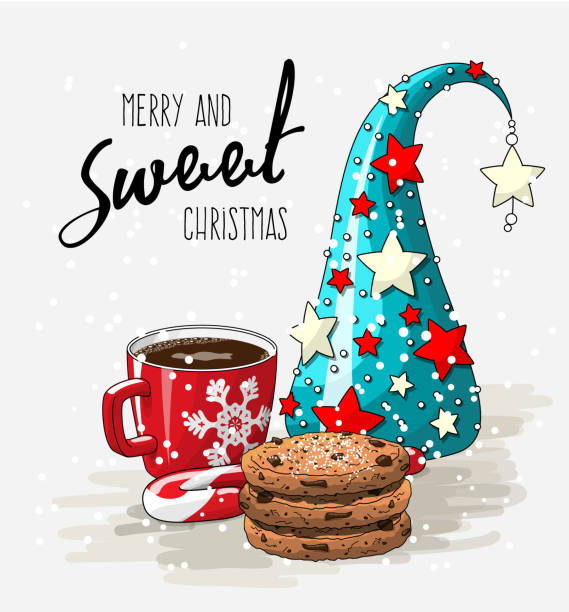 winter urlaub thema, rote tasse kaffee mit stapeln von cookies, candy cane und abstrakt weihnachtsbaum, illustration - shortbread stock-grafiken, -clipart, -cartoons und -symbole