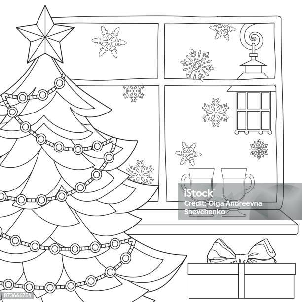 Christmas Theme Poster With Xmas Tree Star Garland Light Snowflakes Mulled Wine And Street Lantern Stock Illustration - Download Image Now