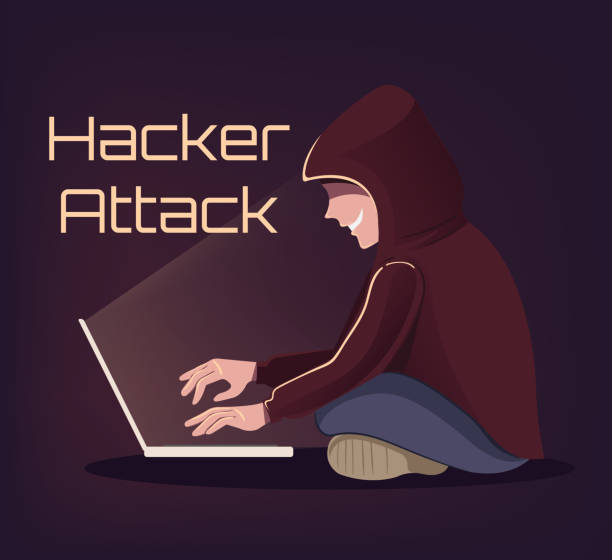 Angry smiling computer hacker man character trying crack online cyber internet bank system. Online fraud concept Angry smiling computer hacker man character trying crack online cyber internet bank system. Online fraud concept. Vector flat illustration computer worm computer bug cartoon stock illustrations