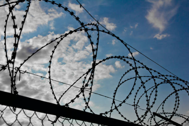 istock fence with barbed wire against the sky 873670370
