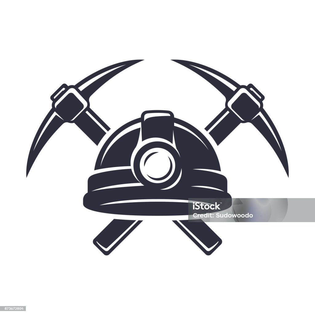 Retro mining badge Retro mining sign with hard hat helmet and two crossed pickaxes. Stylish monochrome vector illustration. Miner stock vector