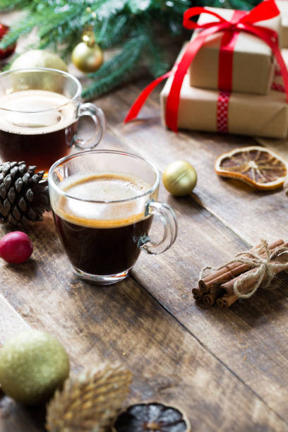 istock Fresh espresso coffee glasses christmas morning concept 873672938