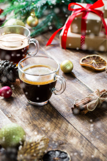 istock Fresh espresso coffee glasses christmas morning concept 873672996