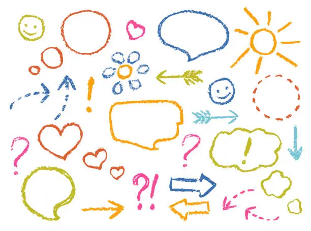 Vector illustration of Crayon drawing speech bubbles, arrows, heart shape, smile, sign, symbols funny set.