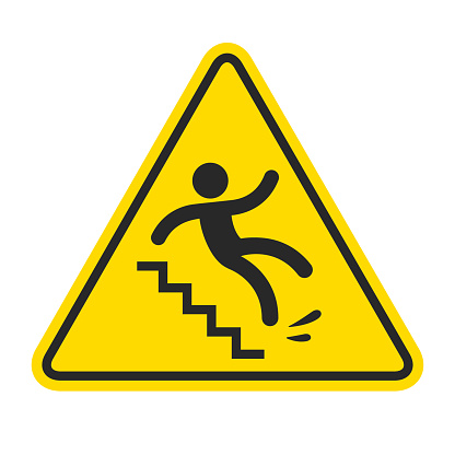 Slippery stairs warning. Yellow triangle symbol with stick figure man falling on stairs. Workplace safety and injury vector illustration.