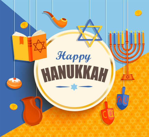 Happy hanukkah card. Happy hanukkah card with golden frame on geometric background with different hanukkah symbols. Vector illustration. chocolate gelt stock illustrations