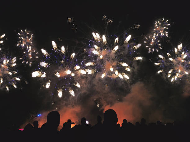 leute zu beobachten eine schöne silhouette feuerwerk - crowd noise flash stock-fotos und bilder