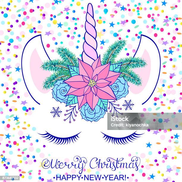 Colorful Christmas Card Stock Illustration - Download Image Now - Unicorn, Christmas, Eyelash