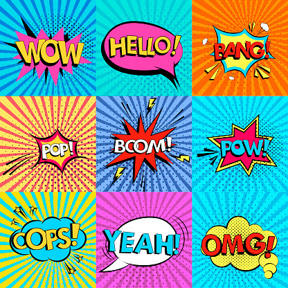 Boomomg Set Of Comic Speech Bubbles With Text Wow Omg Boom Hello Yeah Bang Oops ...