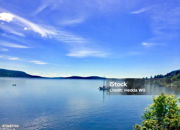 White Sailboat On The Blue Sea In The Norwegian Oslo Fjord Stock Photo - Download Image Now