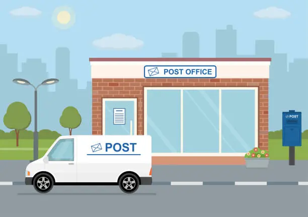 Vector illustration of Post office building, delivery truck and mailbox on city background.