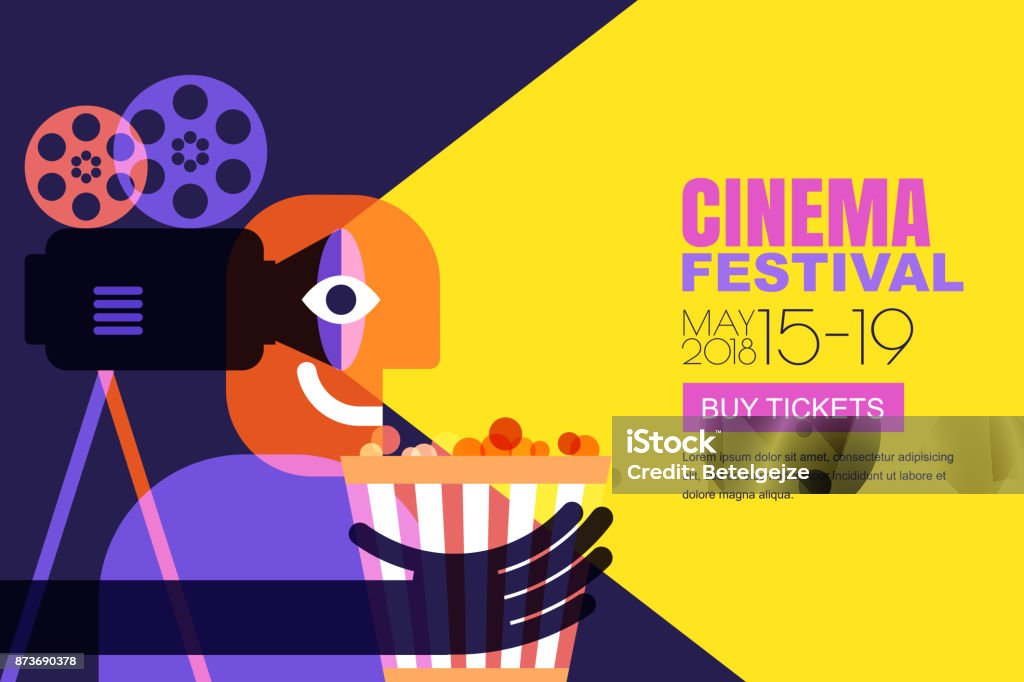 Vector cinema festival poster, flyer background. Sale tickets banner background. Movie time and entertainment concept. Vector cinema festival poster, flyer background. Abstract sale tickets banner background. Movie time and entertainment concept. Man with popcorn and camera, trendy flat illustration. Film Festival stock vector