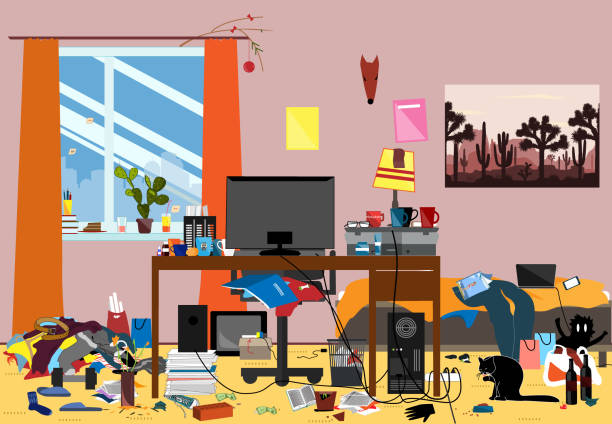 Illustration of a Disorganized Room Littered With Pieces of Trash. Room where youngguy or student lives Illustration of a Disorganized Room Littered With Pieces of Trash. Chaotic room where young I.T. Guy, Bachelur or Student lives. Vector messy room bedroom clipart stock illustrations