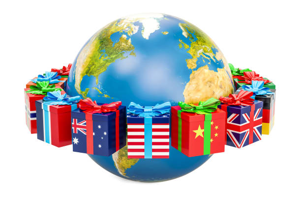 istock Global Christmas and New Year concept, Earth globe with gift boxes around 873699264
