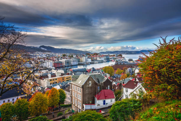 View of the beautiful Bergen bay in autumn stock photo