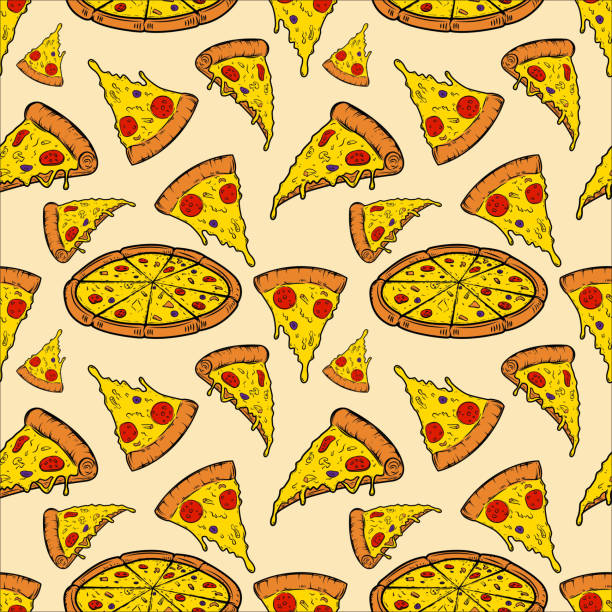 illustrazioni stock, clip art, cartoni animati e icone di tendenza di modello senza cuciture con pizza. illustrazione vettoriale - seamless restaurant vegetable tomato