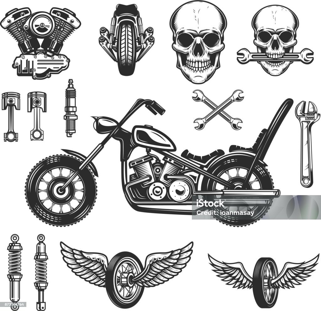 Satz von Oldtimer Motorrad-Design-Elemente auf weißem Hintergrund. Rad, Rennfahrer Helm, Zündkerze. Design-Elemente für Abzeichen, Emblem, Label und Zeichen. Vektor-illustration - Lizenzfrei Motorrad Vektorgrafik