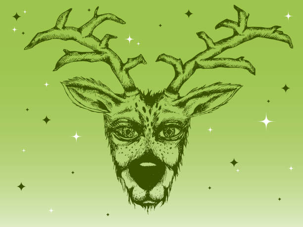 green hand drawn reindeer ans sparkles vector art illustration