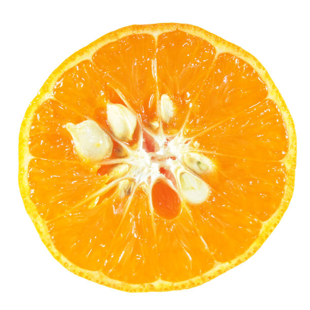 istock Slice of mandarin with seeds isolated on white background 873739666