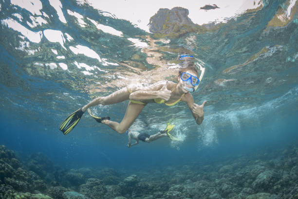 istock Woman snorkeling over a reef, Gesturing Thumbs Up 873749828