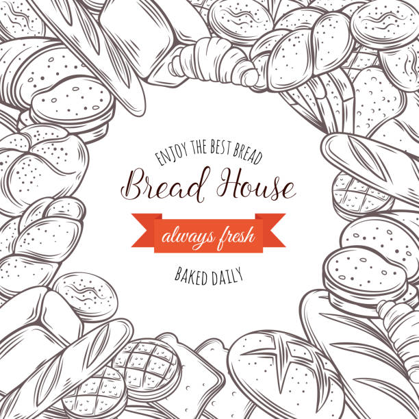 page design for bakery Food template frame and page design for bakery . Hand drawn sketch rye and wheat bread, croissant, whole grain bread, bagel, toast bread, french baguette for design menu bakery shop. bread borders stock illustrations