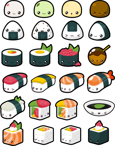 Cute Japanese Food Stock Illustration - Download Image Now - Sushi, Mochi,  Cartoon - iStock