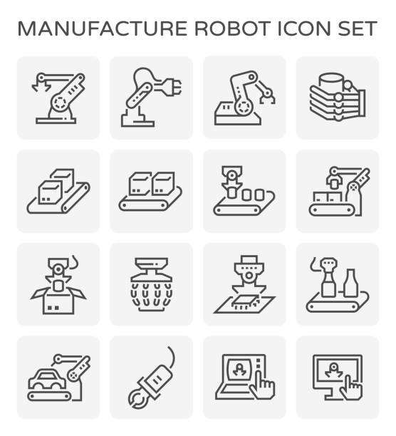 manufacture robot icon Manufacture robot and production line icon set. robot icons stock illustrations
