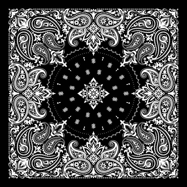 Paisley Bandana print Vector ornament paisley Bandana Print, silk neck scarf or kerchief square pattern design style for print on fabric. black shawl wrap stock illustrations