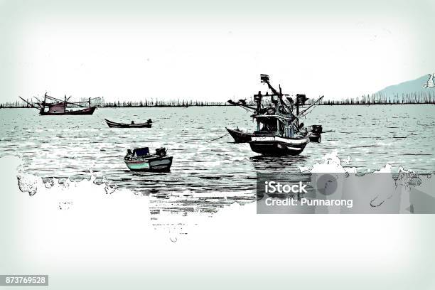 Abstract Long Boat Fishing In Sea Fishing Boat On Watercolor Paining Background And Colorful Splash Brush To Art Stock Photo - Download Image Now