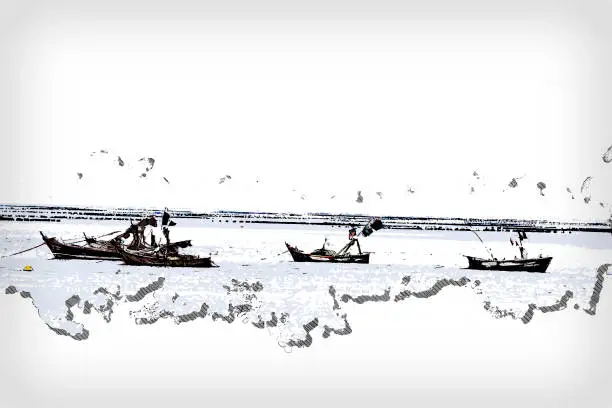 Photo of Abstract Long boat fishing in sea, Fishing boat on watercolor paining background and colorful splash brush to art.