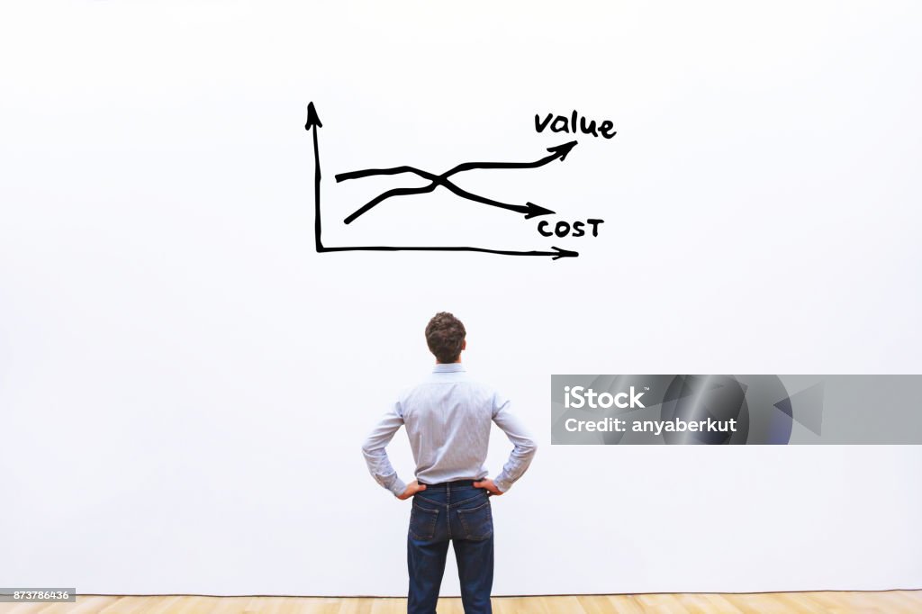 cost value concept decrease cost and increase value business concept, businessman analyzing graph Price Stock Photo