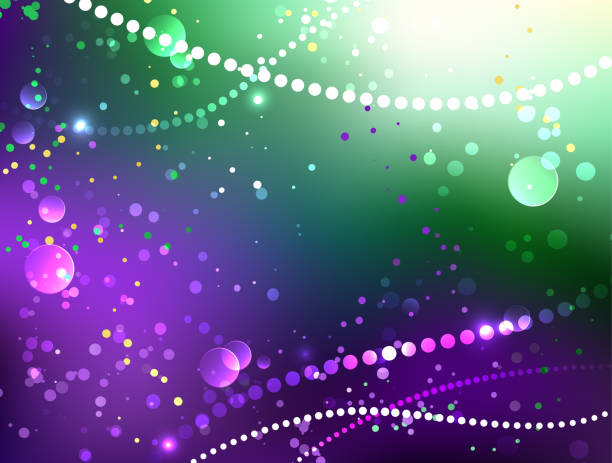 Festive purple background Bright purple and green background with shiny confetti. Festival Mardi Gras. mardi gras stock illustrations