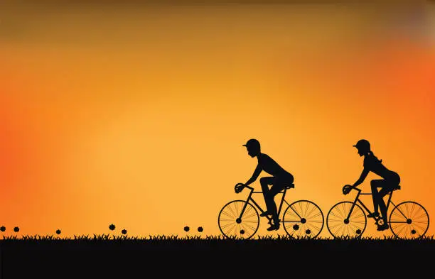 Vector illustration of Silhouette of couple driving bike with beautiful sky at sunset.