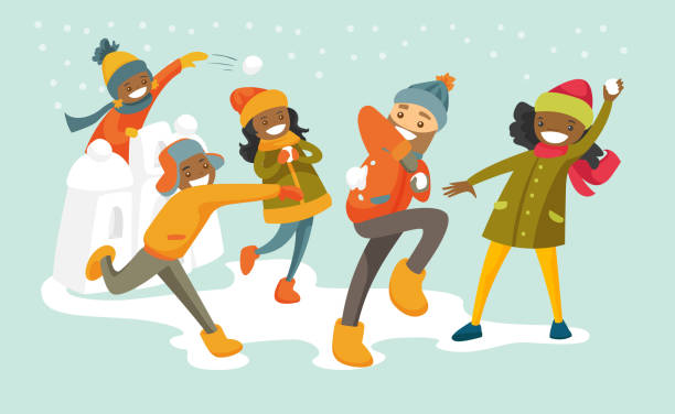 Multicultural family playing snowball fight Multicultural family playing snowball fight and having fun in snow in winter. African mother and Caucasian father playing snowballs with their biracial children. Vector isolated cartoon illustration. snowball stock illustrations