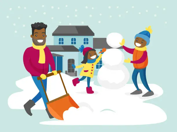 Vector illustration of Father removing snow while his kids making snowman