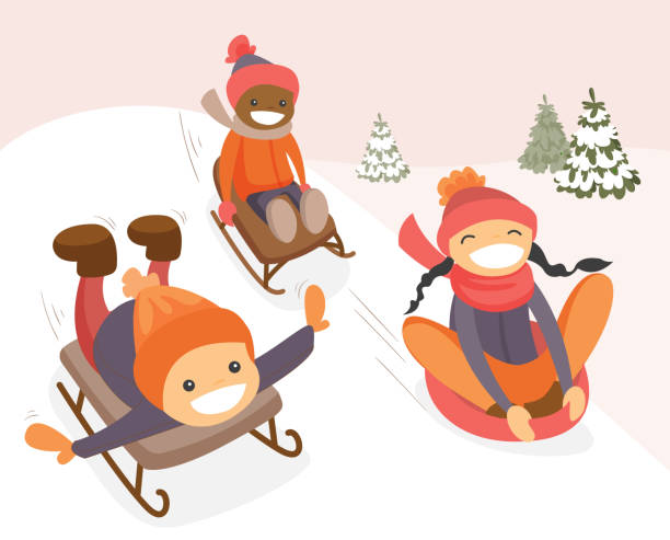 illustrations, cliparts, dessins animés et icônes de groupe d’enfants multiculturels bénéficiant d’une promenade en traîneau - child winter snow asian ethnicity