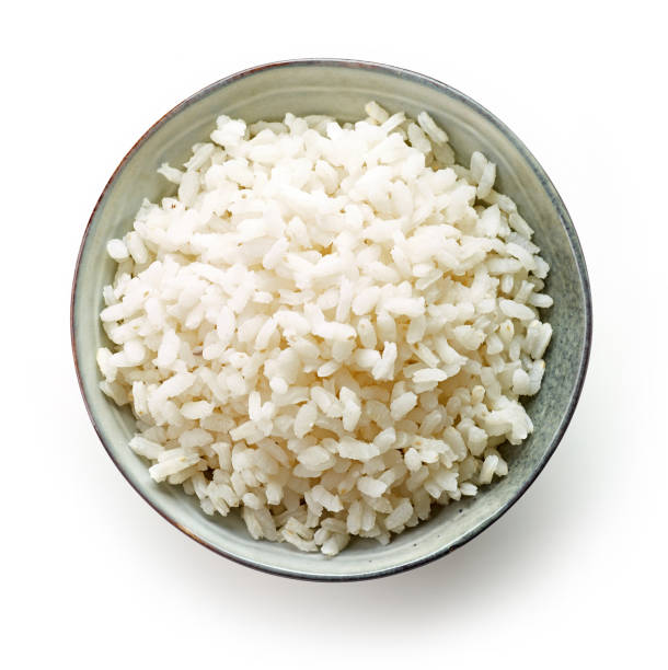 bowl of boiled round rice - arroz imagens e fotografias de stock