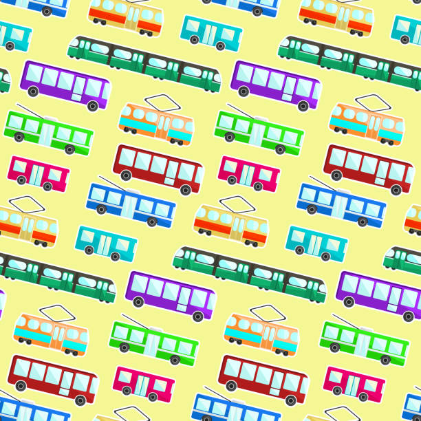 wzór dla dzieci z kreskówkowym płaskim transportem miejskim - bus speed transportation public utility stock illustrations