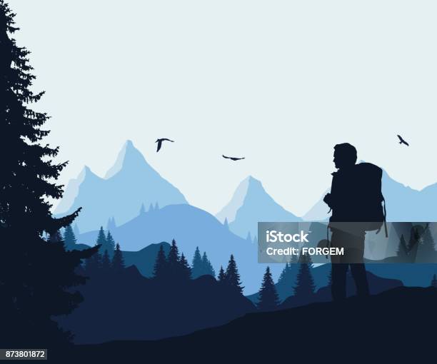 Ilustración de Ilustración Vectorial De Un Paisaje De Montaña Con Un Bosque Y Aves Voladoras Y Un Turista Bajo El Cielo Azulgris y más Vectores Libres de Derechos de Excursionismo