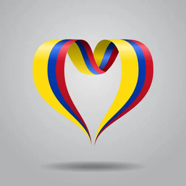 Vector illustration of Colombian flag heart-shaped ribbon. Vector illustration.