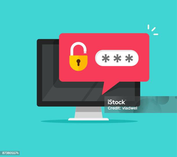 Desktop Computer With Unlocked Password Bubble Notification Flat Cartoon Pc Screen With Open Lock And Password Field Stock Illustration - Download Image Now