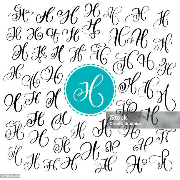 Vettoriale Stock Set of Hand drawn vector calligraphy letter H. Script  font. Isolated letters written with ink. Handwritten brush style. Hand  lettering for logos packaging design poster. Typographic set on white