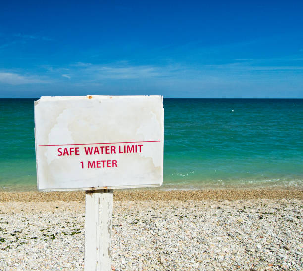 istock Safe water limit 1 meter advice on a beach. For graphical concept 873806644