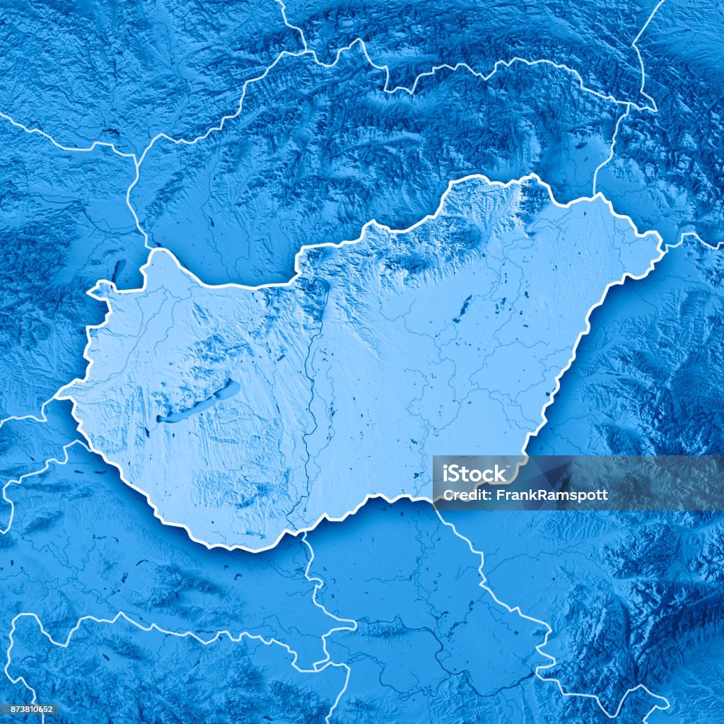 Carte topographique de Hongrie pays rendu 3D bleu frontière - Photo de Carte libre de droits