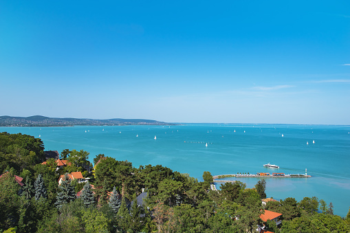 View of Lake Balaton with ships from Tihany Abbey in Tihany, Hungary