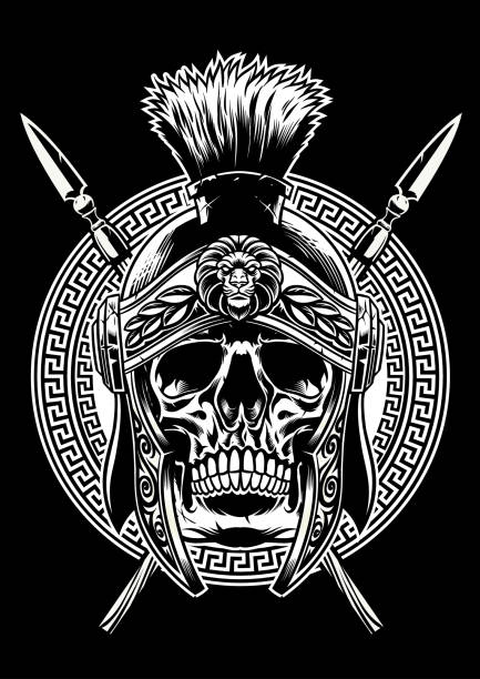 skull of roman warrior with sword crossed vector of skull of roman warrior with sword crossed roman army stock illustrations