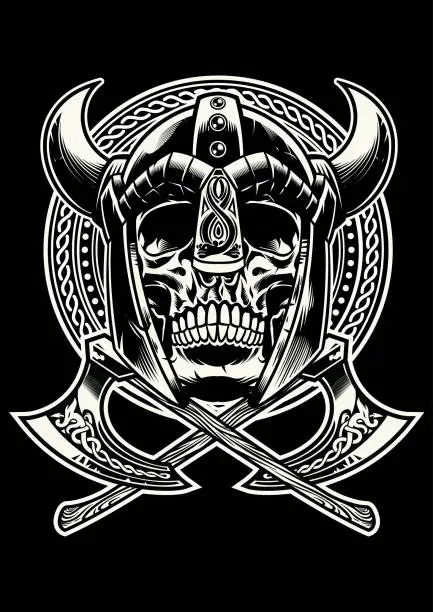 Vector illustration of skull of viking warrior with crossed axes